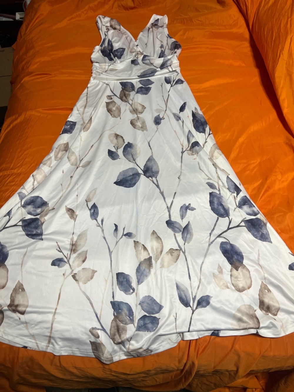 White Floral Maxi Dress with Blue and Taupe Leaves